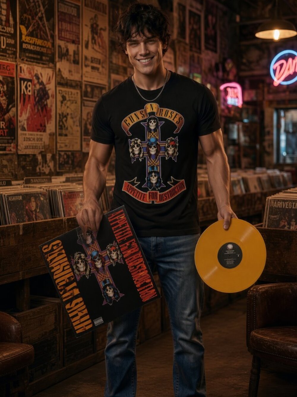 Guns N Roses 2009 Appetite For Destruction Yellow Vinyl LP T-Shirt Box Set-Small